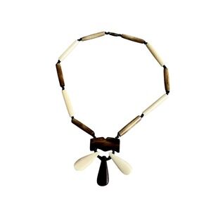 Vintage‎ Handmade Bone & Wood Beaded Necklace With Pendant And Barrel Clasp